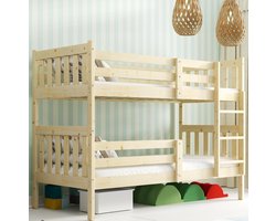 Stapelbed 90x190 cm - Kinderstapelbed met Ladder - Hoogbed voor Kinderen - Met Twee Separaate Eenpersoonsbedden - Massief Hout - Met Opbergruimte onder Het Bed - Natuur