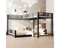 Stapelbed - 90x200 & 140x200 cm - L-Vorm Design - Ruimtebesparend - Metaal - Zwart