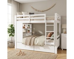 Stapelbed - 90x200 Cm - Bed - Met Opbergruimte - Met Laden - LED-verlichting - Wit - Zonder Matras