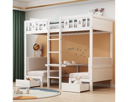 Stapelbed 90x200 cm - bed/bureau 2-in-1 - inclusief zacht kussen - met lade en ladder - kinderbed - wit - zonder matras