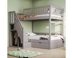 Stapelbed - 90x200 cm - Grijs - met lattenbodem & veiligheidsrelingen & opbergladder - Massief houten hoogslaper