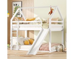 Stapelbed - 90x200 cm - Huisbed met Glijbaan - Inclusief Ladder - Hout - Wit
