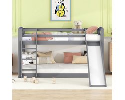 Stapelbed 90x200 cm - kinderbed met glijbaan - massief houten frame - voor kinderen en tieners - grijs - zonder matras