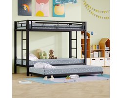 Stapelbed 90x200 cm - kinderbed met uitschuifbaar bed - hoge reling - zwart
