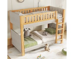 Stapelbed 90x200 cm - kinderbed - zachte stootrand van schuim - viertraps rechte ladder - grijs en houtkleur - zonder matras