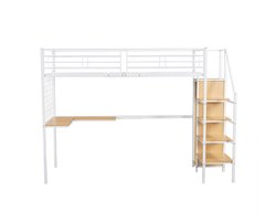 Stapelbed 90x200 cm - met bureau en kledingkast - in ijzer en spaanplaat - Wit