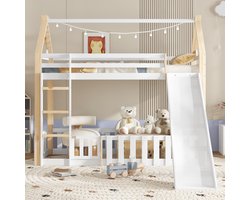 Stapelbed - 90x200 cm - Met Glijbaan En Speelruimte En Ladder - Hout/MDF/Multiplex - Wit/Natuur