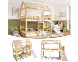 Stapelbed 90x200 cm met glijbaan - huisbed voor 2 kinderen - EN 747 gecertificeerd - veiligheidshek en opbergplank - wit naturel