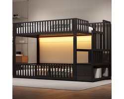 Stapelbed - 90x200 cm - Met Opbergtrap En LED - Metaal - Zwart
