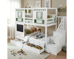 Stapelbed - 90x200 cm - met Perforatiebord - Trapkast & Lades - Grenen & MDF - Wit & Groen