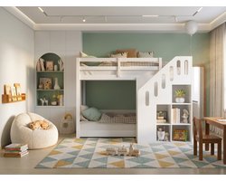 Stapelbed 90x200 cm met Trap en Opbergruimte - Kinderstapelbed met Kast, Opbergvakken, Veiligheidsrails - Massief Hout - Wit