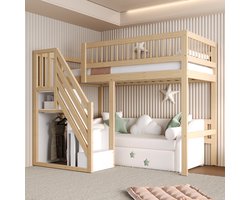 Stapelbed 90x200 cm - met trap met opbergkast - kinderbed - eenpersoonsbed - houtkleur - zonder matras