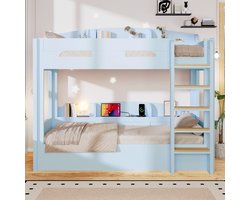 Stapelbed 90x200 cm - Met USB-Oplaadpunt en Opbergvakken - Ruimtebesparend Ontwerp Voor Kinderkamer - Hout en MDF - Zonder matras - Lichtblauw