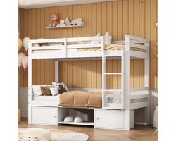 Stapelbed 90x200 cm - Opbergvakken - Bed voor de kinderkamer - Massief hout en mdf - Wit