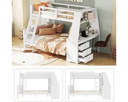 Stapelbed 90x200 En 140x200 - Bureau, Opbergruimte, Hoog Bedhek - Wit