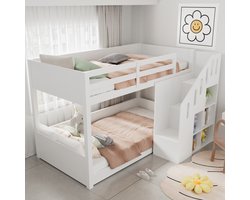 Stapelbed 90x200 – Kinderbed met trapkast & leuning – Massief hout – Wit – Zonder matras