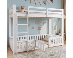 Stapelbed - 90x200 - Met Haakse Trap En Deur - Vrije Ruimte Onder Bed - Massief Hout - Wit