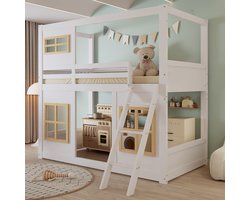 Stapelbed - 90x200 - Met Ramen En Vierzijdige Omheining - Stevige Ladder - Grenenhout MDF - Wit en Naturel