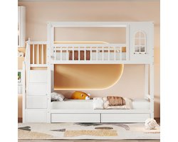 Stapelbed 90x200 – Voor Kinderen en Tieners – Kinderstapelbed met Opbergruimte, Lades en Veiligheidshek – Massief Hout – Wit – Huisdesign met Dak