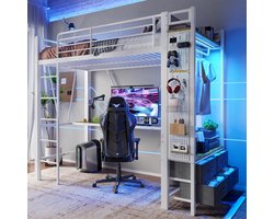 Stapelbed 90x200cm - 227,5x95x180cm - 120kg Laadvermogen - 10-15cm Matrasdikte - Ultrastabiel Metaal + MDF Frame - Geïntegreerd Bureau & Kledingroede - 4 Lades + Planken + Pegboard - Multicolor LED-strip + USB + Type-C-poort