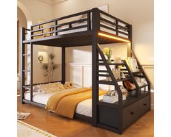 Stapelbed (90x200cm), Eenpersoonsbed, Hoogslaper Met Opbergruimte, Tienerhoogslaper - Kinderhoogslaper, Metalen Stapelbed Met Ledverlichting En 2 Stoffen Lades-Zwart