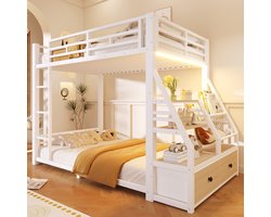 Stapelbed (90x200cm), Eenpersoonsbed, Hoogslaper Met Opbergruimte, Tienerhoogslaper - Kinderhoogslaper, Metalen Stapelbed Met Ledverlichting En 2 Stoffen Lades-Wit