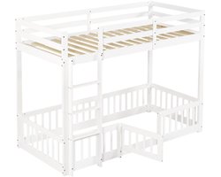 Stapelbed 90x200cm, houten bed, met haakse trap, met leuning en deur, met valbeveiliging, vrije ontwerpruimte onder het bed, wit