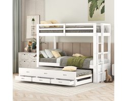 Stapelbed 90x200cm, kinderbed, huisbed voor meisjes en jongens, bedframe van grenen en MDF met ladder en uitschuifbaar bed en 3 laden, wit