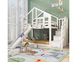 Stapelbed 90x200cm - Kinderboomhutbed met lade en valbeveiliging - Hoogslaper met glijbaan(matras niet inbegrepen)