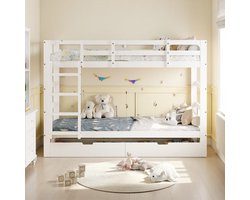 Stapelbed 90x200cm – Om te Bouwen naar 2 Eenpersoonsbedden of Slaapbanken – Met 2 Laden – massief hout – Veiligheidstreden & Hoge Randen – Geschikt voor Kinderen – Wit
