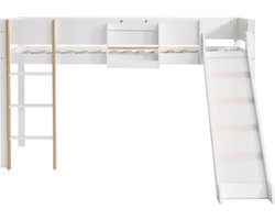 Stapelbed 90x200cm zonder matras Hoogslaper Wit+Natuur met drie-traps rechte ladder met glijbaan met afneembaar rek Grenenhout
