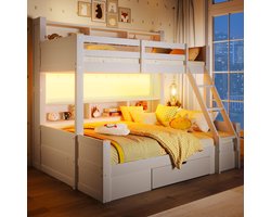 Stapelbed 90x200cm+140x200cm, Ladder, Bedrail, Meerdere open Kasten, Ladderpositie Optioneel, 1 lade, LED-lichtbalk, Zonder Matras, Wit
