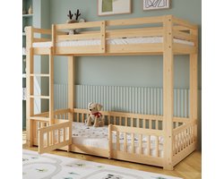 Stapelbed, houten bed, grenen + LVL, met rechthoekige trap, met leuning en deur, met valbeveiliging, vrije ontwerpruimte onder het bed, naturel, 90x200cm