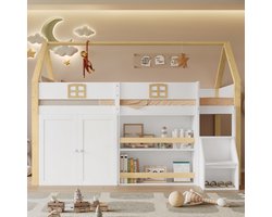 Stapelbed, houten bed, hoogslaper, veilige opbergladder met twee treden, veel opbergruimte met planken en kledingkast, fraai dak en raam, stevige valbeveiliging, wit + naturel, 90x200 cm