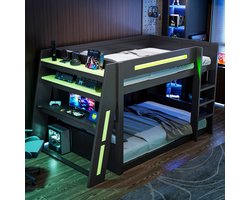 Stapelbed, Houten Gaming Stapelbed Van 140x200 Cm Met Bureau, Twee Opbergvakken, USB-Poort En Ledverlichting, Zwart+Groen