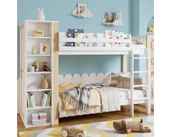 Stapelbed - kinderbed met valbeveiliging en leuning - met 4 ladders - 6 open planken - zijkasten - veel opbergruimte - naturel wit - 90x200 cm
