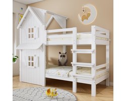 Stapelbed, kinderbed, mooie ramen en dak, veiligheidsleuningen aan de zijkant, rechte ladder met drie treden, stabiele lattenbodems, grenen + MDF + multiplex, wit, 90 x 200 cm