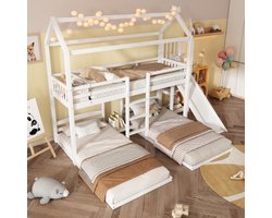 Stapelbed, kinderbed, stevige bedframeconstructie, met glijbaan, uniek dakontwerp, ontwerp met drie slaapplaatsen, opbergruimte in het bovenste bed, grenen + MDF, wit, 90 x 200 cm