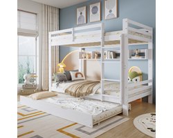 Stapelbed, kinderbed, uitschuifbaar bed met wieltjes, met een reeks planken van 2 meter lang, stevige lattenbodem en ladder, grenen + MDF + multiplex, wit, 90x200cm