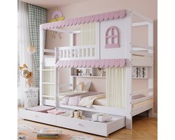 Stapelbed - kinderbedje met raam en gordijnen - met valbeveiliging - open planken - 2 lades op wielen - veel opbergruimte - wit roze - 90x200cm