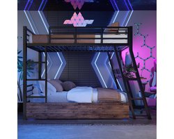 Stapelbed met Bureau en Laden 90x200 cm – Medahomestore Industrieel Metalen Hoogslaper met Opberglades & Valbeveiliging – Kinder- en Tienerbed met Trap en Stevig IJzeren Frame – Zwart