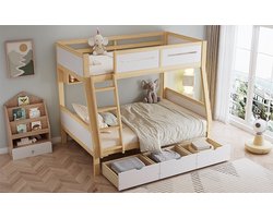 Stapelbed Met Drie Lades En Boekenplank - 90x200 En 120x200 Cm - Wit/Naturel - Veilige Kinderbed Met Rondom Reling