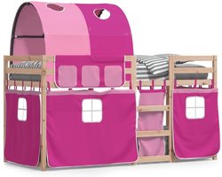 Stapelbed met gordijnen - Kinderbed hoogslaper - Spel en slaap - Veiligheidshek rondom - 90 x 200 cm - Roze