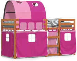 Stapelbed met gordijnen - Kinderbed Hoogslaper - Spelen en slapen - Veiligheidshekken rondom - 80 x 200 cm - Roze