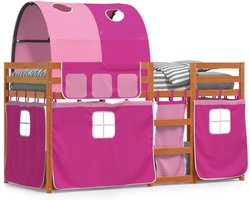 Stapelbed met gordijnen - Kinderbed hoogslaper - Spelen en slapen - Veiligheidsrooster rondom - 90 x 200 cm - Roze