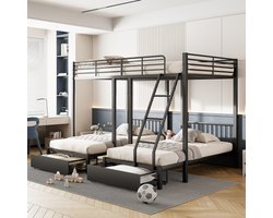 Stapelbed met lades, metalen bedframe, omvormbaar tot een tweepersoonsbed van 140 x 200 en twee eenpersoonsbedden van 90 x 200, multifunctioneel bed met metalen frame, zwart