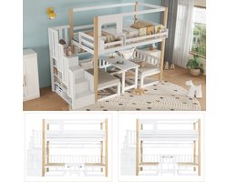 Stapelbed - Met Opbergladder, Verstelbaar Bureau En Boekenplank - Wit/Naturel 90x200 Cm - Kindvriendelijk Design