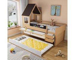 Stapelbed met opbergruimte - boomhutbed met lades en uitschuifbaar bed - met uitschuifbare tafel - met raam - graffitibord - wit naturel - 90x200&90x190cm