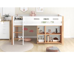 Stapelbed met opbergruimte en verplaatsbare kledingkast, hoogslaper met drie-trede haakse trap, grenen + MDF, naturel + wit, 90x200 cm
