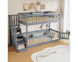 Stapelbed met opbergruimte voor kinderen, 90 x 200 cm, hoogslaper met valbeveiliging, multifunctioneel jongens- en meisjesbed in grijs